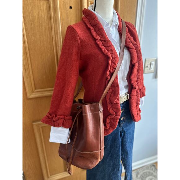 Susan Bristol Women’s 100% Wool Cardigan Red Ruffle Trim Jacket Sweater S - Picture 3 of 8